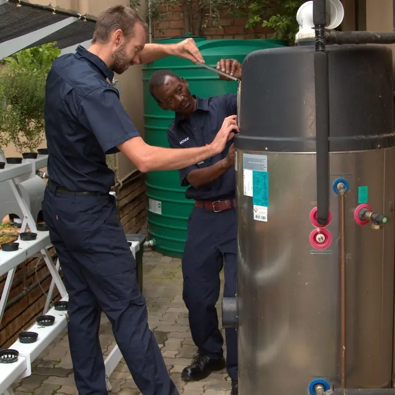 Technicians installing an energy-efficient hot water system